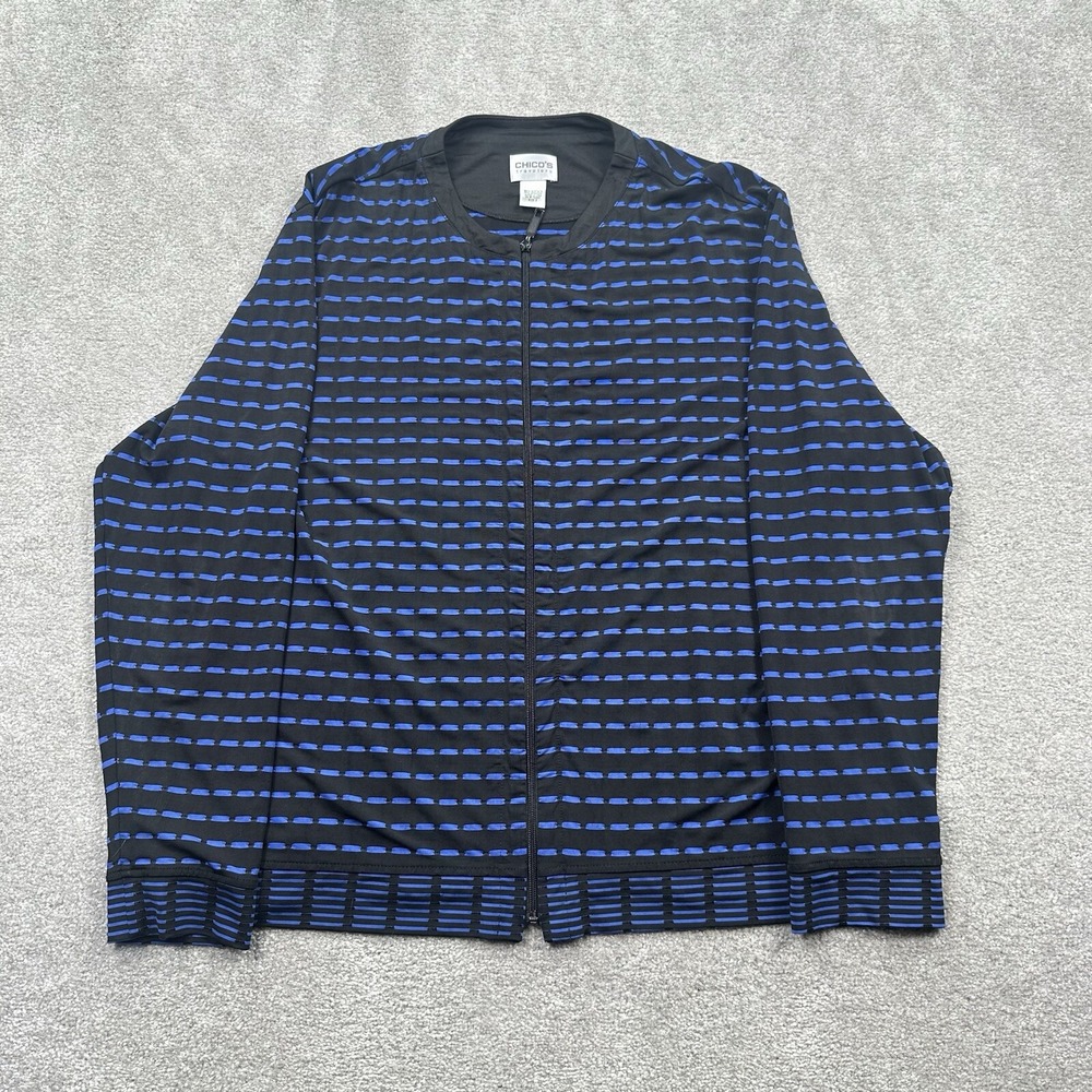 VTG Chico's Travelers Women's Zip Up Cardigan Shirt Size 3 Blue Black Stripe